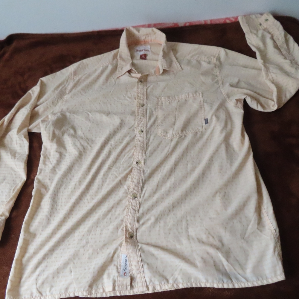 Simms Shirt Fishing Shirt Long Sleeve Button Down striped 2XL beige orange